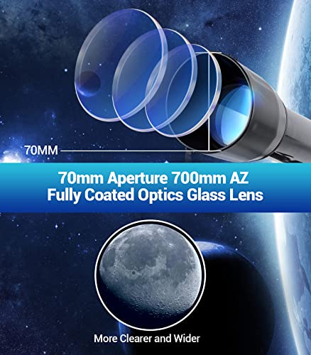 [2023 Upgraded] Telescopes for Adults Astronomy, 70mm Aperture 700mm AZ Mount Astronomical Refracting HD Telescope for Kids Beginners Telescope with Adjustable Tripod, Nylon Bag, Phone Adapter