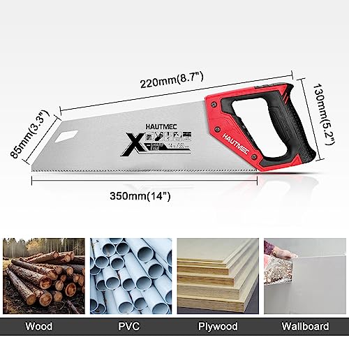 HAUTMEC 14 in. X-Sharp Hand Saw, 12 TPI Woodworking Handsaw, Soft-Grip Sharp SharpTooth for Cutting and Sawing Trees, Plastic Pipes, Drywall HT0295