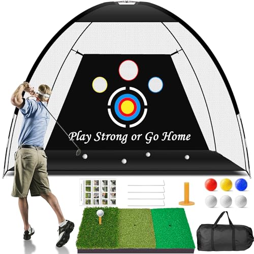 Melanther Golf Net, 10x7ft Golf Practice Net with Golf Mat/Archery Target/Balls/Bag, All in 1 Golf Nets for Backyard Driving Chipping Swing Training - Indoor Outdoor Sports Game, Golf Gifts for Men