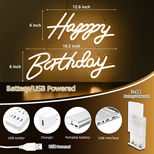 ATOLS Happy Birthday Neon Sign for Wall Decor, Battery or USB Powered Happy Birthday Led Sign, Reusable Happy Birthday Light Up Sign for All Birthday Party Decoration, Happy 12.6x6inch, Birthday 16.5 X 6inch, Warm White