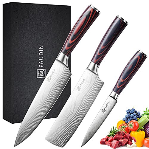 PAUDIN 3 Piece Kitchen Knife Set, German High Carbon Stainless Steel Chef Knife Set with Wooden Handle, Professional Kitchen Knives with Gift Box