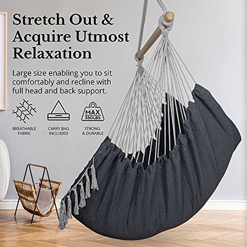 KOMOREBI Hammock Chair | Hanging Rope Swing for Indoor & Outdoor | Soft & Durable Cotton Canvas | 2 Cushions Included | Large Macrame Hanging Chair with Pocket for Bedroom, Patio, Porch (Grey)