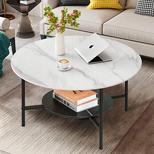 Round Coffee Table 80cm Large Marble Table Sleek Centre Accent Table Genuine Sintered Stone Table White and Black Marble Top with Matt Black Frame Designed 2-Tier Coffee Table for living room