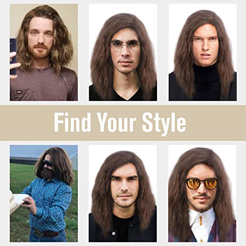 STfantasy Mens Brown Wig Long Curly Wigs for Men Mid Length Middle Part Synthetic Hair for Man Male Cosplay Winter Soldier Costume