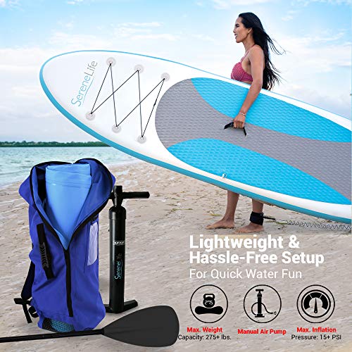 SereneLife Inflatable Stand Up Paddle Board (6 Inches Thick) with Premium SUP Accessories & Carry Bag | Wide Stance, Bottom Fin for Paddling, Surf Control, Non-Slip Deck | Youth & Adult Standing Boat