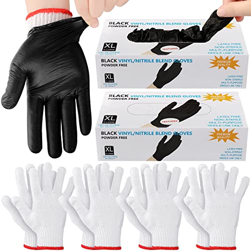 Janmercy 200 Pcs Disposable BBQ Gloves with 4 Pairs Cotton Liners Grilling Gloves BBQ Cooking Gloves (Black, White, X-Large)