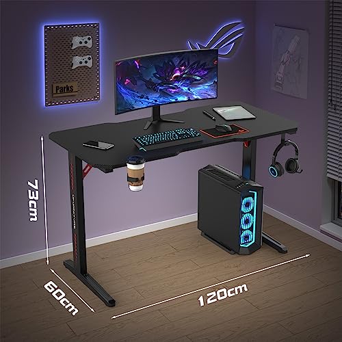 Ufurniture Black Gaming Desk with Cup Holder Headphone Holder 120 * 60 * 73cm, Workstation Computer Desk Carbon Fibre Surface