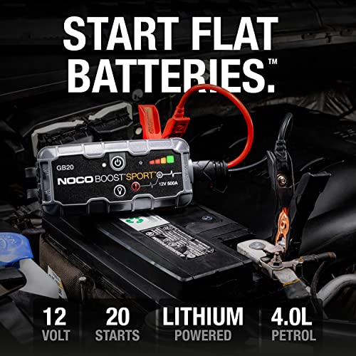 NOCO Boost Sport GB20 500A 12V UltraSafe Lithium Jump Starter Box, Car Battery Booster, Jump Start Pack, Portable Power Bank Charger, and Jumper Cable Leads for up to 4-Liter Petrol Engines