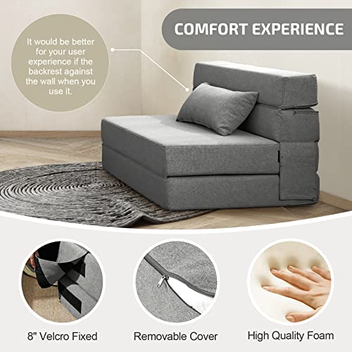 SUYOLS Folding Sofa Bed with Pillow - Convertible Chair Floor Couch & Sleeping Mattress - Foldable Memory Foam Sleeper for Living Room/Dorm/Guest Room/Home Office/Apartment/Upstairs Loft, Light Grey