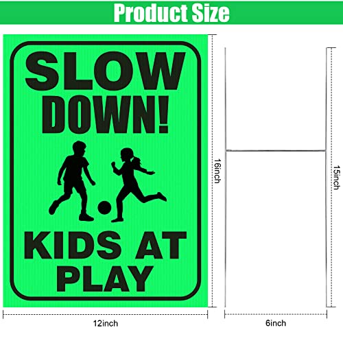 4 Pieces Slow Down Kids At Play Sign with Metal Stake, 12 x 16 Inch Kids At Play Safety Signs, Double Sided Child Safety Caution Signs, Children Sign for Street, Lawn Neighborhoods(Green)