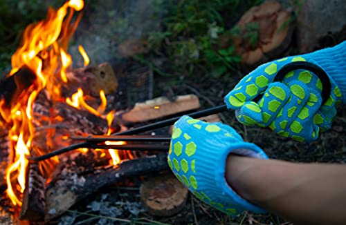 J H Heat Resistant Oven Gloves: EN407 Certified 932 °F, Sky-Blue Shell with Yellow Silicone Coating, BBQ & Oven Mitts for Grlling, Baking, Kitchen, Camping, Fireplace - Indoor& Outdoor, Women Fits All