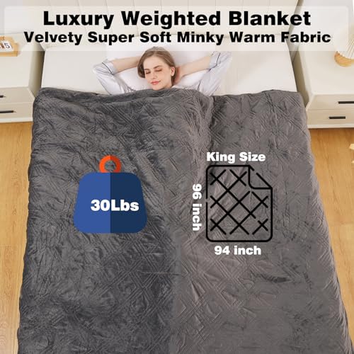 Weighted Blanket (30lbs 94''x96'' King Size) Luxury Weighted Blankets for Adults High Breathability Heavy Blanket Soft Warm Cotton Material with Removable Duvet Cover Included