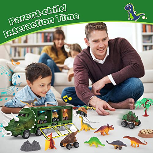 PELOSTA Dinosaur Toys for 3 4 5 6 7 Year Old Kid Boy Girl, Dinosaur Carrier Truck with Lights, Music & Roaring Sound, 3 Pull Back Cars, 12 Dinosaur Figures, Educational Toy Gift for Kids 3-8 Years Old