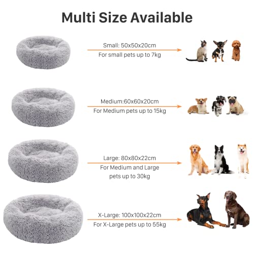 USOR Calming Cat Beds & Dog Bed, Anti-Anxiety Donut Dog Cuddler Bed, Large Cat Bed or Small Dog Bed, Disassemble and Washable 50 cm Warming Cozy Soft & Fluffy Faux Fur Plush Dog Cushion Bed Light Gray