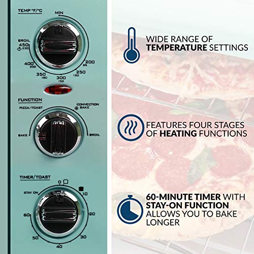 Nostalgia RTOV2AQ Large-Capacity 0.7-Cu. Ft. Capacity Multi-Functioning Retro Convection Toaster Oven, Fits 12 Slices of Bread and Two 12-Inch Pizzas, Built in Timer, Includes Baking Pan
