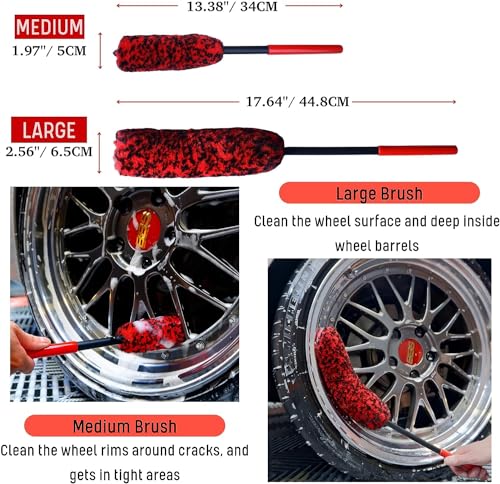 Epzia 4 Pack Long Handle Car Cleaning Kit Wheel Brush Kit - 2X Soft Wheel Woolies Cleaning Brush, Detailing Brush and Stiff Tire Brush, Bendable& Durable Wheel Rim Car Wash Kit