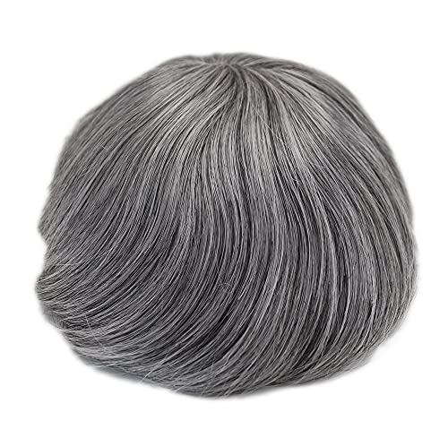 Mens Grey Toupee Super Thin Skin Human Hairpiece Natural Black mixed 60% Gray