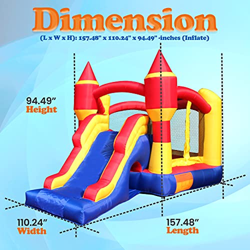 SereneLife Inflatable Bounce House Castle Bouncer - In/Outdoor Portable Jumping Bounce Castle w/Slide, Safety Net - Kids Castle Party Bounce House - Ocean Balls, Air Pump, Carry Bag -SLIB970