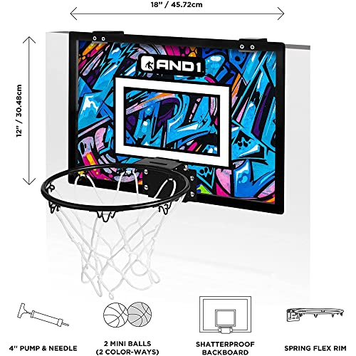 AND1 Mini Basketball Hoop: 18”x12” Pre-Assembled Portable Over The Door with Flex Rim, Includes Two Deflated 5” Mini Basketball with Pump, for Indoor, Orange/Light Blue