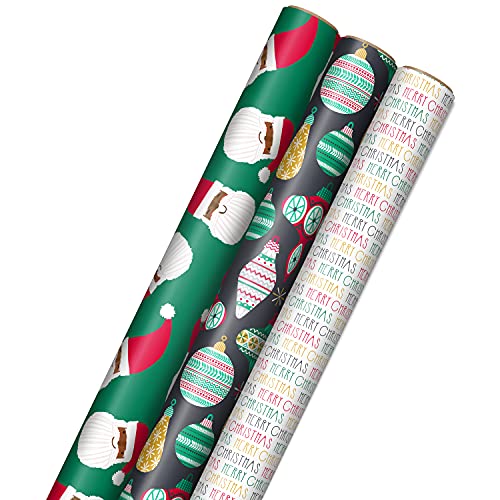 Hallmark Christmas Wrapping Paper for Kids with Cut Lines on Reverse (3 Rolls: 120 Sq. Ft. Ttl.) Multicultural Santa Claus"Merry Christmas" in Red, Green and Yellow Tri-Pack Red, Green, Yellow, Black, White 0005JXW1207