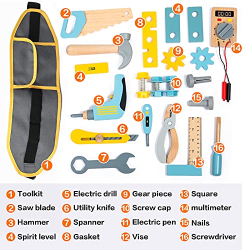 umu Wooden Kids Tool Set for Toddlers, Pretend Toy 25 Pieces Construction Tool Toy Set Backpack for 3, 4 and 5 Year Old Girls and Boys