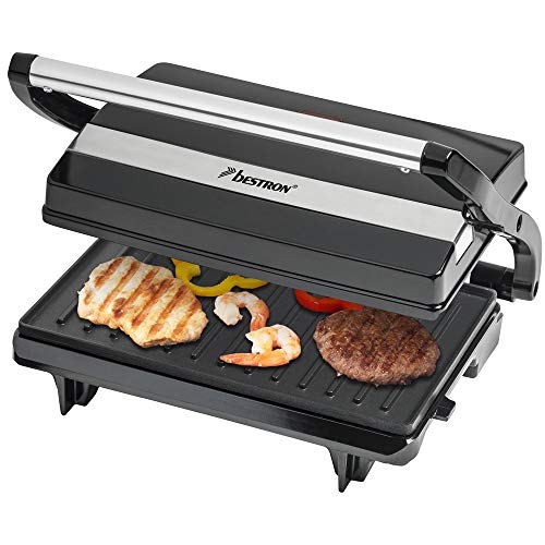 Bestron Electric contact grill with drip tray, sandwich maker with cool touch handle, panini maker with non-stick coating, 700 Watt, APM123Z, colour: black, 22.5 x 14 cm