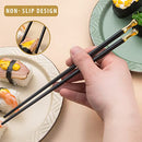 Chopsticks Reusable Dishwasher Safe, 9.6 inch/24.3cm Matte Non-Slip Japanese Chinese Chop Sticks, Fiberglass, Black&Gold-5 Pairs