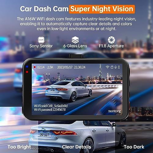 Dash Cam Front, Wireless Dash Cam WiFi Dashcam 2.5K UHD 1440P Car Dash Cam W/Free 128GB SD Card, Car Camera Dash Cam W/APP, Night Vision, 170°Wide Angle, G-sensor, Parking Monitor, Max Support 256GB
