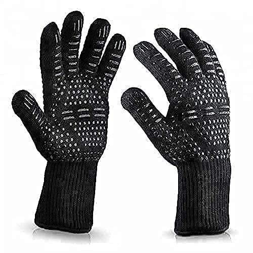 August Collective 1 Pair BBQ Grill Gloves Heat Resistant Kitchen Oven Silicone Non-Slip Glove for Cooking, Baking, Welding, Fireplace, Cutting and Outdoor Camping (Black)