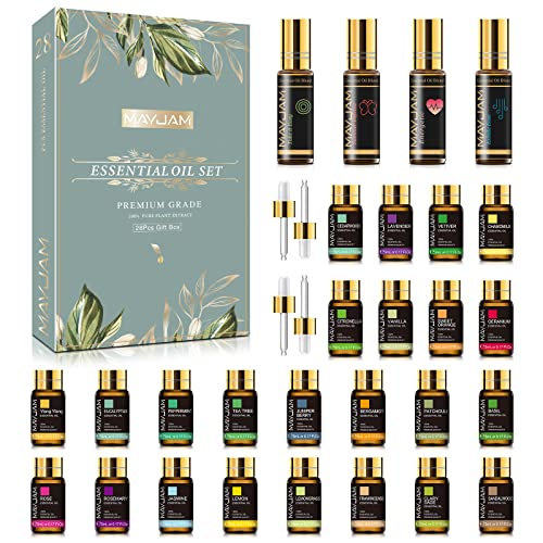 MAYJAM 28PCS Essential Oils Set with Nice Box, 24x5ML Pure Essential Oils and 4x10ML Essential Oil Blends for Diffusers Massage DIY, An Ideal Essential Oils Gift Set for Any Occasion