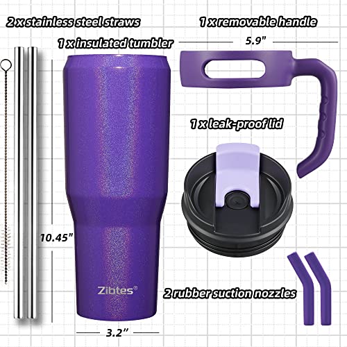 Zibtes 40oz Insulated Tumbler With Lid and Straws, Stainless Steel Double Vacuum Coffee Tumbler With Handle, Keeps Drinks Cold up to 34 Hours or Hot for 12 Hours(Glitter Purple 1 pack)
