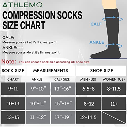 Athlemo 6Pairs Bamboo Moisture Wicking Compression Socks 8-15 mmHg for Men Knee High Socks 2Black2Grey2White 9-11, 2black2grey2white, 9-11