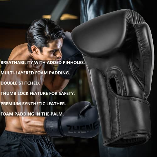 ZTTY Boxing Gloves PU Leather Muay Thai Punching Bag MMA Kickboxing Pro Grade Sparring Training Fight Gloves for Men & Women (Black, 10oz)