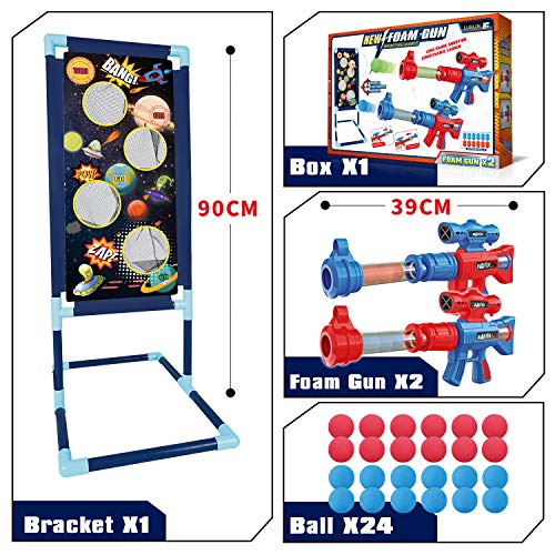 LURLIN Shooting Game Toy for Age 5, 6, 7, 8,9,10+ Years Old Kids, Boys - 2pk Foam Ball Popper Air Guns & Shooting Target & 24 Foam Balls - Ideal Gift - Compatible with Nerf Toy Guns
