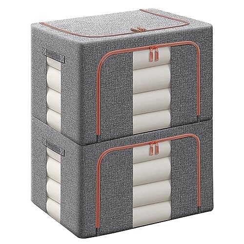 Swpeet 2 Pack Dark Grey 66L Approx 19.7"×15.7"×13.0" Metal Frame Stackable Closet, Foldable Storage Bins, Cloth Storage Bag Organizer with Carrying Handles, Clear Window, 2 Open Window, Double Zipper