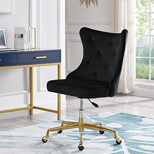 24KF Upholstered Tufted Button Home Office Chair with Golden Metal Base, Swivel Office Chair with Adjustable Seat - 7081-Black