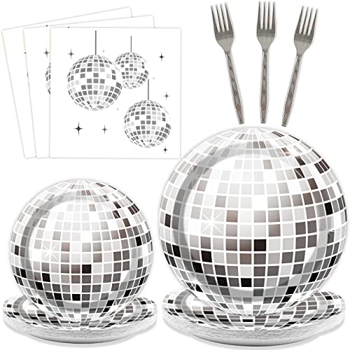96 Pieces 70's Disco Party Tableware Set 70s Disco Birthday Party Supplies Silver Disco Ball Party Paper Plates Cocktail Napkins Forks for 24 Guests 80s 90s Dance Hip Hop Baby Shower Party Decorations