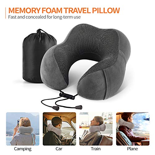 Emgthe Travel Pillow 100% Memory Foam Pillow, Neck Pillow for Airplane, Neck & Head Support Pillow for Sleeping Rest & Car, Travel Pillows Kit with Storage Bag, Sleep Mask and Earplugs Dark Grey