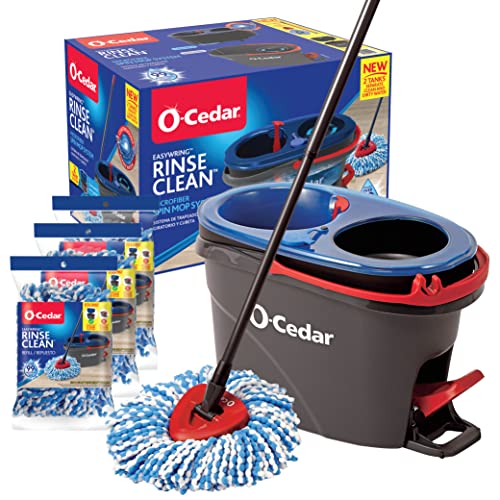 O-Cedar EasyWring RinseClean Microfiber Spin Mop & Bucket Floor Cleaning System with 3 Extra Refills, Grey, (169429)