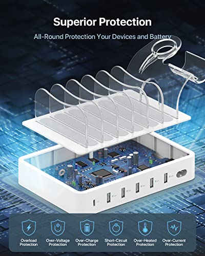 SooPii 60W 6-Port Charging Station for Multiple Devices, PD 20W USB C Fast Charging for lPhone 14/13/12,6 Short Cables Included, 2 in 1 Holder,for Phones,Tablets and Others