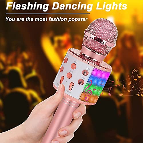 Kids Karaoke Microphone Machine Toy Bluetooth Microphone Portable Wireless Karaoke Machine Handheld with LED Lights, Children Adults Birthday Party, Home KTV(Rose Gold)