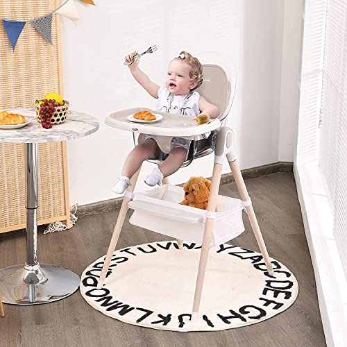 BABY JOY 4-in-1 Baby High Chair, Wooden Highchair Booster Seat w/Adjustable Seat & Double Removable Tray, Infant Dining Chairs Rocking Chair w/Storage Bag, Footrest & 3-Point Safety Belt, Gray
