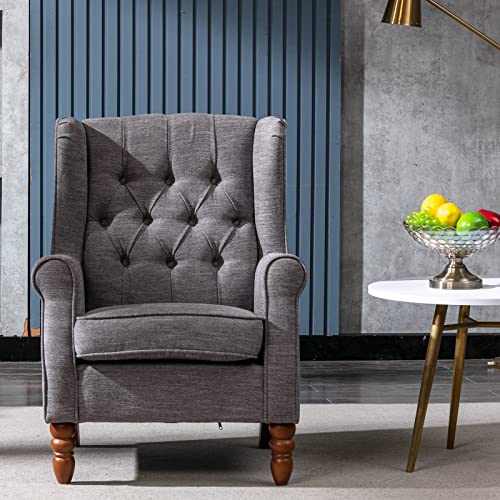 COLAMY Living Room Accent Chairs Set of 2, Thick Upholstered Button Tufted Wingback Armchair Fabric Mid-Century Modern Sofa Arm Chair, Solid Wood Legs Padding Seat, Grey