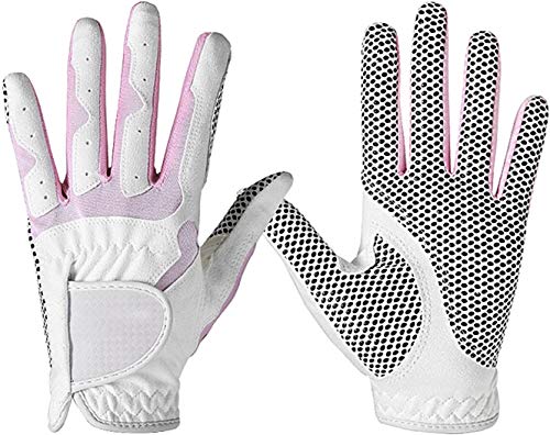 Fashion Golf Gloves, Women's Ladies Girls All Weather Leather Golf Gloves with Non-Slip Grip, Soft, Breathable, Wear-Resistant, A Pair/2 Pack for Left & Right Hand Golf Rain Gloves, womens, Pink-White, 19 (Middle Finger Length 2.95")