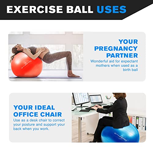 DYNAPRO - Exercise Ball, Extra Thick Anti-Burst Material, Heavy Duty Yoga Ball for Workout, Pregnancy and Physical Therapy, Hand Pump and Exercise Resource Included, Blue