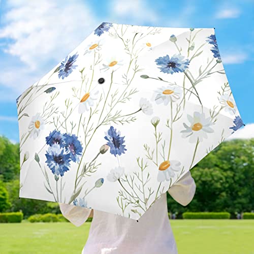 QwThum UV Sun Umbrella Compact Folding Travel Umbrella for 99% UV Protection Windproof Rainproof Small Light Fashion Parasol for Men and Women Gift Blue Daisy