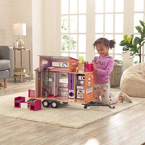 KidKraft Teeny House Wooden Dolls House on Wheels with Furniture and Accessories, Doll Caravan with Tow Bar, Kids' Toys, 65948