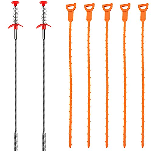 7 Pack Drain Augers, SENHAI 20 inch Hair Drain Clog Remover Drain Relief Auger Cleaning Tool (2 Stainless Steel and 5 Plastic)