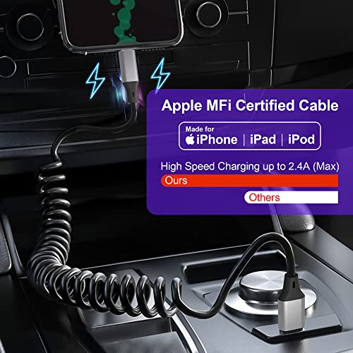Coiled Lightning Cable Apple Carplay Compatible [Apple MFi Certified] Retractable iPhone Charger with Data Sync, Short iPhone Charger Cord for iPhone/Pad/Pod
