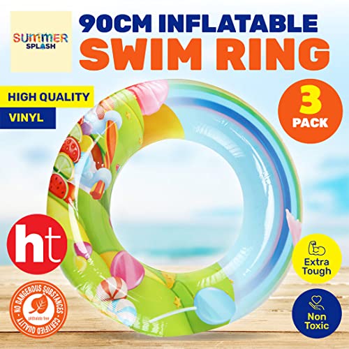 [3PCE] Summer Splash Inflatable Swim Rings Durable and Tough, Portable and Lightweight, Easy to Inflate, Ideal for Beach and Pool (90cm x 31cm x 28cm)